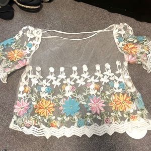 Sheer floral embroidered crop top